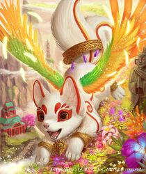  2014 amazing_background ambiguous_gender canid canine chibi colorful_theme daww detailed detailed_background feathered_wings feathers feral fox fur inari japanese mammal markings outside red_markings silverfox5213 solo white_body white_fur wings young young_ambiguous young_feral 