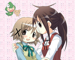  2girls brown_hair company_connection cosplay costume_switch crossover ga_geijutsuka_art_design_class glasses hair_ornament hidamari_sketch long_hair manga_time_kirara multiple_girls photoshop_(medium) short_hair suneko ume-sensei yamaguchi_kisaragi yuno_(hidamari_sketch) 