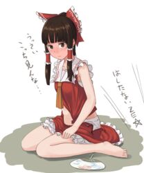  ascot barefoot bloomers blush bow brown_eyes brown_hair clothes_pull commentary_request embarrassed female full-face_blush hair_ornament hair_ribbon hair_tubes hairbow hakurei_reimu hand_fan japanese_clothes kitano_(kitanosnowwhite) looking_at_viewer miko open_clothes open_skirt paper_fan ponytail red_bow red_skirt ribbon shirt shirt_pull sitting skirt sleeveless solo touhou translated uchiwa underwear ze_(phrase) 