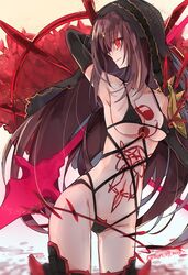  arm_behind_head armpits bad_id bad_twitter_id bikini black_bikini black_gloves black_thighhighs breasts cameltoe cleavage cosplay cu_chulainn_(fate) cu_chulainn_alter_(fate) cu_chulainn_alter_(fate)_(cosplay) cu_chulainn_alter_(third_ascension)_(fate) elbow_gloves fate/grand_order fate_(series) female gloves groin highres long_hair medium_breasts mom_29_mom navel purple_hair red_eyes revealing_clothes scathach_(fate) smile solo swimsuit tattoo thighhighs veil very_long_hair 