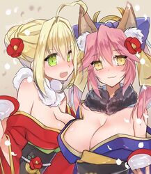  2girls :3 :d alcohol animal_ears bare_shoulders blonde_hair blush breasts cleavage commentary_request cup fate/extra fate_(series) fox_ears fur green_eyes hair_bun highres huge_breasts japanese_clothes kimono long_hair looking_at_viewer medium_breasts mom_29_mom multiple_girls nero_claudius_(fate) nero_claudius_(fate/extra) open_mouth petals pink_hair sakazuki sake single_hair_bun smile tamamo_(fate) tamamo_no_mae_(fate/extra) teeth yellow_eyes 