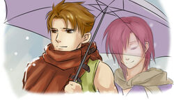  1boy brown_eyes brown_hair cloak commentary_request female fire_emblem fire_emblem:_the_blazing_blade holding holding_umbrella leila_(fire_emblem) matthew_(fire_emblem) meme mole mole_under_mouth pink_hair serge_komiko shared_umbrella snow special_feeling_(meme) straight transparent umbrella 