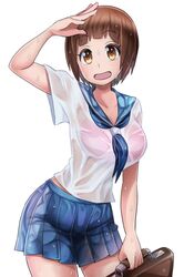  bra breasts brown_eyes brown_hair cleavage commentary_request female he_pu_pu highres kill_la_kill large_breasts mankanshoku_mako pink_bra protected_link salute school_uniform serafuku short_hair solo sweat underwear wet wet_clothes white_background 