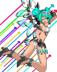  aqua_hair ass bad_id bad_pixiv_id bikini blush breasts dark_skin double_bun eyewear_on_head female fingerless_gloves gloves goodsmile_company goodsmile_racing green_eyes hair_bun hatsune_miku headset heart_hair_bun high_heels highres kneeling kusunose looking_at_viewer looking_back mechanical_wings nail_polish no_socks oerba_yun_fang one_eye_closed open_mouth race_queen racing_miku racing_miku_(2013) racing_miku_(2013_sepang_ver.) shiny_skin solo sunglasses swimsuit tan tanlines transparent_wings v vocaloid wings 