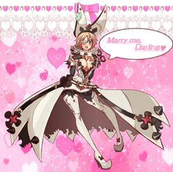  ahoge arc_system_works artist_request between_breasts blonde_hair blue_eyes blush boots breasts cleavage clover cosplay dress elbow_gloves elphelt_valentine elphelt_valentine_(cosplay) eyepatch female fingerless_gloves four-leaf_clover genderswap_(mtf) gloves guilty_gear guilty_gear_xrd guilty_gear_xrd:_revelator heart large_breasts open_mouth pantyhose shiny shiny_hair shiny_skin sin_kiske smile solo spiked_collar spikes thigh_boots 