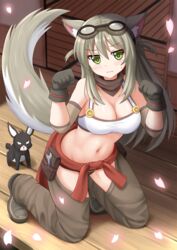  animal_ears belt blood cherry_blossoms commentary english_commentary feline female green_eyes grey_footwear grey_pants highres kazenokaze lily_the_mechanic long_hair looking_at_viewer lost_pause navel nosebleed pants paw_pose shoes silver_hair tank_top tools 