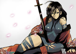  animification arm_support bare_shoulders black_hair blue_eyes blue_leotard bridal_gauntlets commentary_request female floral_print frown japanese_clothes jinbei katana kimono leotard long_hair marvel nail_polish petals psylocke reclining sitting solo sword thighhighs weapon x-men 