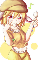  absurdres animal_ears bad_id bad_pixiv_id collarbone commentary cowboy_shot crop_top dango dior-zi eighth_note female fingers_to_cheek flat_cap floppy_ears food food_in_mouth hat highres midriff musical_note navel orange_shirt polka_dot polka_dot_background rabbit_ears red_eyes ringo_(touhou) shirt short_sleeves simple_background skewer smile solo touhou v wagashi 