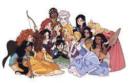  6+girls aladdin_(disney) anna_(frozen) ariel_(disney) arm_support aurora_(disney) beauty_and_the_beast belle_(disney) black_hair blonde_hair blush book bow_(weapon) brave_(pixar) cinderella cinderella_(disney) commentary_request company_connection crossover dark-skinned_female dark_skin disney disney_princess dress elsa_(frozen) eyeshadow fa_mulan_(disney) frozen_(disney) hair_bun hairband highres jasmine_(disney) juanmao long_hair looking_at_another makeup merida_(brave) messy_hair moana_(movie) moana_waialiki mulan multiple_girls oar pale_skin pocahontas pocahontas_(disney) rapunzel_(disney) red_hair single_hair_bun sleeping_beauty smile snow_white_(disney) snow_white_and_the_seven_dwarfs sweatdrop tangled tattoo the_little_mermaid the_princess_and_the_frog tiana_(the_princess_and_the_frog) tiara tribal_tattoo vanellope_von_schweetz very_long_hair weapon wreck-it_ralph 