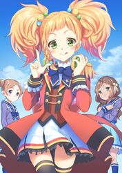  3girls :q aikatsu!_(series) aikatsu_stars! akashi_saya band_uniform black_legwear blonde_hair blue_eyes blush bouzu_(bonze) braid brown_hair commentary_request double_bun epaulettes frilled_skirt frills green_eyes hair_bobbles hair_bun hair_ornament hairband headphones headphones_around_neck katsura_miki_(aikatsu!) licking_lips long_hair looking_at_viewer multiple_girls nikaido_yuzu open_mouth s4_uniform school_uniform short_hair single_braid skirt smile thighhighs tongue tongue_out twintails uniform yotsuboshi_academy_school_uniform 