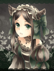  black_hair bonnet bow female female frills gothic_lolita green_eyes kuroshitsuji lace lolita_fashion long_hair portrait sieglinde_sullivan solo straight_hair teka 