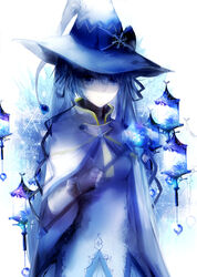  black_gloves black_ribbon blue_hair blue_hat blue_ribbon cloak commentary female fingerless_gloves gloves hair_ribbon hat hatsune_miku highres holding holding_wand large_hat long_hair necktie ribbon sa&#039;yuki shirt snowflake_hat_ornament snowflakes solo suki!_yuki!_maji_magic_(vocaloid) treble_clef twintails vocaloid wand white_background white_cloak white_hat white_shirt witch_hat yellow_necktie yuki_miku yuki_miku_(2014) 