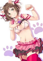  animal_ears breasts brown_hair cat_ears commentary_request fang_out female garter_straps green_eyes highres idolmaster idolmaster_cinderella_girls maekawa_miku medium_breasts meganei oerba_yun_fang over_the_collar_(idolmaster) photoshop_(medium) short_hair smile solo thighhighs 