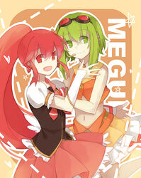  2girls aino_megumi bow bowtie character_name commentary crossover cure_lovely earrings goggles goggles_on_head green_eyes green_hair gumi happinesscharge_precure! high_ponytail hiragi_rin jewelry long_hair magical_girl midriff multiple_girls nakajima_megumi name_connection navel orange_background orange_skirt pink_bow pink_eyes pink_hair pink_skirt ponytail precure pun short_hair skirt smile vocaloid voice_actor_connection wide_ponytail 