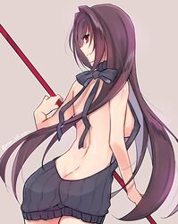  ass back breasts commentary_request fate/grand_order fate_(series) female gae_bolg_(fate) holding holding_weapon large_breasts long_hair looking_at_viewer looking_back meme_attire mom_29_mom polearm purple_hair red_eyes scathach_(fate) sideboob smile solo spear virgin_killer_sweater weapon 