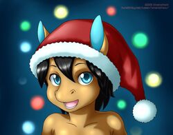  2013 anthro black_eyebrows black_hair blue_eyes christmas clothing equid equine eyebrows femboy hair hat headgear headwear holidays horse mammal nancho open_mouth pink_tongue pony solo tan_body text tongue url xnanchox 