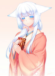  animal_ears blue_eyes commentary_request female fox_ears japanese_clothes kimono konshin long_hair orie_mishiro original solo white_hair 