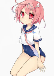  ahoge covered_navel crop_top female flower hair_flower hair_ornament hukasikasi i-58_(kancolle) kantai_collection legs_together looking_at_viewer neckerchief one-piece_swimsuit pink_eyes pink_hair protected_link sailor_collar school_swimsuit school_uniform serafuku short_hair simple_background solo swimsuit swimsuit_under_clothes white_background 