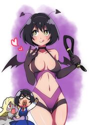  !? 2girls :q antennae arm_up bad_id bad_pixiv_id black_gloves black_hair black_wings blank_eyes blonde_hair blue_dress bob_cut breasts bushyasta_(samon-kun) chibi chibi_inset collarbone collared_shirt colored_skin cowboy_shot demon_horns demon_wings dress elbow_gloves gloves grabbing grabbing_from_behind hair_over_one_eye hairband halterneck heart holding holding_weapon horns hug long_sleeves looking_at_another looking_up medium_breasts multiple_girls navel open_mouth pinafore_dress puffy_short_sleeves puffy_sleeves purple_background purple_skin red_eyes red_hair revealing_clothes samon-kun_wa_summoner school_uniform shapeshifter_(samon-kun) shiny_skin shirt short_hair short_sleeves sleeveless sleeveless_dress squiggle stomach surprised swept_bangs teshigawara_sakura thigh_gap thigh_strap tongue tongue_out wavy_mouth weapon whip white_shirt wings yellow_eyes you_(noanoamoemoe) 