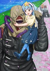  1boy bald blue_hair blush commentary_request crossover female gou_takeo hoshikawa_lily kneeling light_blue_hair monster nemesis_(resident_evil) oosawa_uuryo pantyhose petals resident_evil skirt star_(symbol) teeth zombie_land_saga 