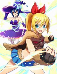  2girls artist_name bare_arms bare_legs bare_shoulders black_gloves blonde_hair blue_dress blue_eyes blue_gloves blue_hair blue_ribbon blue_skirt breasts clenched_hands commentary dot_nose dress elbow_gloves feet_out_of_frame fingerless_gloves fur_trim gloves hair_between_eyes hair_ribbon hat highres kirisaki_chitoge long_hair looking_at_viewer magical_patissier_kosaki-chan medium_breasts miniskirt mole mole_under_eye multiple_girls nisekoi open_mouth qosic red_eyes red_ribbon ribbon short_hair short_sleeves skirt thighhighs tsugumi_seishirou v-shaped_eyebrows white_legwear witch witch_hat 