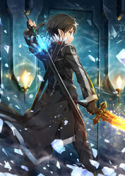  1boy black_eyes black_hair commentary_request drawing_sword dual_wielding elf energy gabiran glowing glowing_sword glowing_weapon holding holding_sword holding_weapon indoors kirito kirito_(sao-alo) long_hair long_sword_(sao) magic photoshop_(medium) pointy_ears scenery sheath sheathed short_hair spiked_hair sword sword_art_online unsheathed unsheathing weapon 