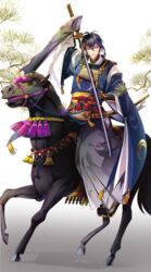  1boy black_gloves blue_eyes blue_hair branch commentary_request egasumi gloves highres horse horseback_riding japanese_clothes katana male_focus mikazuki_munechika ootachi riding sayagata scabbard sheath smile sword tachi_(weapon) touken_ranbu unsheathed weapon wingtemple 