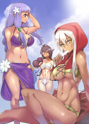  3girls akinaie bikini black_hair blush breasts cecily_(sennen_sensou_aigis) chizuru_(sennen_sensou_aigis) cleavage closed_eyes commentary_request dark-skinned_female dark_skin flower food fundoshi gourd green_bikini hair_flower hair_ornament hood japanese_clothes khuri_(sennen_sensou_aigis) large_breasts long_hair looking_at_viewer multiple_girls navel ponytail popsicle purple_bikini purple_eyes purple_hair sarashi sarong sennen_sensou_aigis sitting smile swimsuit white_hair yellow_eyes 