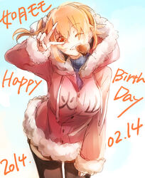  akizuki_buranko bad_id bad_pixiv_id blonde_hair character_name chocolate dated female fur_trim happy_birthday hood hoodie kagerou_project kisaragi_momo long_hair one_eye_closed red_eyes side_ponytail smile solo standing v 