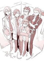  5boys :3 bodysuit commentary_request diving_suit elevator eyewear_on_head from_above gakuran glasses hands_in_pockets height_difference idolmaster idolmaster_side-m jumpsuit koron_chris kurono_genbu kuzunoha_amehiko lab_coat long_hair male_focus monochrome multiple_boys polka_dot_necktie scar school_uniform shirt striped_clothes striped_shirt tori_(driftwood) wetsuit yamamura_ken yamashita_jiro 