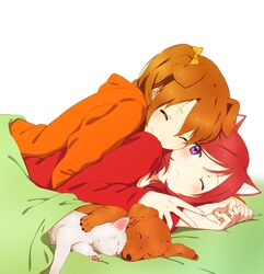  2girls ;&lt; ^_^ animal animal_ears animal_hug bad_id bad_pixiv_id bed bed_sheet blanket blush brown_hair canine cat_ears closed_eyes cowgirl_position dog_ears feline frown hair_ribbon holding_hands hood hoodie hug inuzuka_bouru kemonomimi_mode kosaka_honoka long_hair long_sleeves looking_at_viewer love_live! love_live!_school_idol_project lying_on_person multiple_girls nishikino_maki on_bed parted_lips purple_eyes red_hair ribbon smile sweater white_background wince yuri 