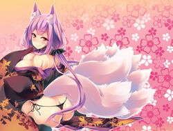  animal_ears ass black_legwear black_panties blush bow breasts cleavage commentary_request female floral_background fox_ears fox_tail hairbow large_breasts long_hair looking_at_viewer looking_back panties photoshop_(medium) purple_hair red_eyes shimakaze_(soundz_of_bell) side-tie_panties smile solo tail thong underwear 