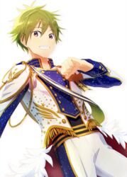  1boy akiyama_hayato bad_id bad_twitter_id blush buttons clenched_hand double-breasted dutch_angle feathers green_hair grin idolmaster idolmaster_side-m looking_at_viewer male_focus map_(map_imas) pink_eyes sash simple_background smile solo star_(symbol) starry_sky_print tassel white_background 