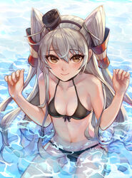  amatsukaze_(kancolle) artist_name bikini black_bikini breasts brown_eyes cleavage commentary_request dated female grey_hair hair_tubes highres kantai_collection lf_(paro) long_hair looking_at_viewer partially_submerged photoshop_(medium) sitting small_breasts smile solo swimsuit two_side_up water 