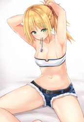  adjusting_hair armpits arms_behind_head arms_up bad_id bad_pixiv_id bandeau bare_arms bare_shoulders blonde_hair blush breasts cleavage collarbone commentary cutoffs fate/apocrypha fate_(series) female green_eyes hair_ornament hair_scrunchie hair_tie_in_mouth highres long_hair looking_at_viewer medium_breasts mordred_(fate) mordred_(fate/apocrypha) mordred_(memories_at_trifas)_(fate) mouth_hold navel neneru parted_lips ponytail red_scrunchie revealing_clothes scrunchie short_shorts shorts sitting solo spread_legs stomach 