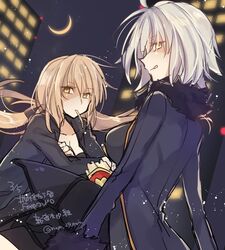  2girls :q artoria_pendragon_(fate) back bad_id bad_twitter_id blonde_hair breasts cleavage coat crescent_moon fate/grand_order fate/stay_night fate_(series) food french_fries fur_trim grey_hair jeanne_d&#039;arc_alter_(fate) jeanne_d&#039;arc_alter_(ver._shinjuku_1999)_(fate) long_hair looking_at_viewer medium_breasts mom_29_mom moon multiple_girls night night_sky official_alternate_costume outdoors saber_alter sky smile tongue tongue_out yellow_eyes 