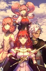  1boy 3girls armor artist_name bare_shoulders boey_(fire_emblem) breastplate bright_pupils brown_gloves cape celica_(fire_emblem) circlet closed_mouth cloud cloudy_sky curly_hair dress earrings fingerless_gloves fire_emblem fire_emblem_echoes:_shadows_of_valentia fire_emblem_gaiden genny_(fire_emblem) gloves grin highres holding holding_sword holding_weapon jewelry light_particles long_hair long_sleeves looking_at_viewer mae_(fire_emblem) multiple_girls open_mouth pan_(pandora_requiem) pauldrons pink_hair puffy_short_sleeves puffy_sleeves red_hair short_sleeves shoulder_armor sky smile sword twintails weapon white_hair white_pupils 