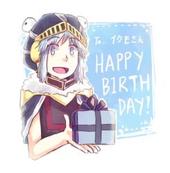  1other androgynous animal_costume box cape commentary_request extra_eyes gift gift_box grey_eyes happy_birthday hat len&#039;en moritake_medias other_focus penguin_costume penguin_hat short_hair sleeveless smile solo white_hair yamanoskk 