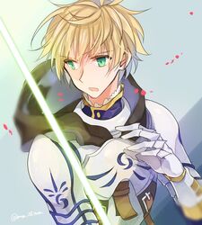  1boy armor arthur_pendragon_(fate) bad_id bad_twitter_id blonde_hair excalibur_(fate/stay_night) fate/prototype fate_(series) gauntlets green_eyes hood male_focus mom_29_mom open_mouth solo sword weapon 