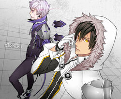  2boys add_(elsword) bad_id bad_pixiv_id black_hair black_pants blade_master_(elsword) copyright_name daizu_yan elsword facial_mark gloves grey_background grin hood hoodie jacket lunatic_psyker_(elsword) male_focus multiple_boys pants purple_eyes raven_cronwell smile tattoo white_hair yellow_eyes 