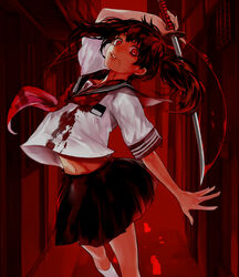  arm_up blood blood_on_clothes blood_on_face blood_stain brown_hair commentary_request female holding holding_sword holding_weapon katana kneehighs looking_at_viewer midriff neckerchief outstretched_arm parted_lips pleated_skirt red_background red_eyes red_theme school_uniform serafuku siren_(series) siren_2 skirt socks solo sword tcb twintails weapon white_legwear yagura_ichiko 