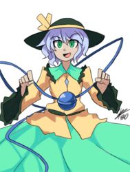  bad_id bad_tumblr_id bigdead cowboy_shot eyebrows female flat_chest green_eyes green_skirt grey_hair hat hat_ribbon heart heart_of_string highres komeiji_koishi ribbon short_hair skirt smile solo third_eye touhou wide_sleeves 