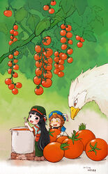  2girls bird black_hair brown_hair cherry_tomato commentary_request cooking gear_the_destiny hakumei_(hakumei_to_mikochi) hakumei_to_mikochi hat kafu_(hakumei_to_mikochi) ladle long_hair mikochi_(hakumei_to_mikochi) mini_person minigirl multiple_girls pot smile tomato yellow_eyes 