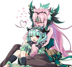  1boy ankle_wrap antenna_hair astaroth_(p&amp;d) bare_shoulders black_hair blunt_bangs blush bow cauchemar_(p&amp;d) choker closed_eyes commentary_request dated demon_girl demon_horns dress facial_mark female forehead_mark green_hair green_nails hairband heart heart_hair highres horns hug hug_from_behind kozakura_(dictionary) long_hair nail_polish one_eye_closed open_mouth pantyhose pentagram pink_hair purple_eyes puzzle_&amp;_dragons ribbon_choker simple_background sitting tattoo very_long_hair white_background 