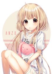  blonde_hair brown_eyes clothes_writing commentary_request female futaba_anzu hair_tie highres idolmaster idolmaster_cinderella_girls long_hair low_twintails ntk_(7t5) shirt solo stuffed_animal stuffed_rabbit stuffed_toy t-shirt twintails you_work_you_lose 