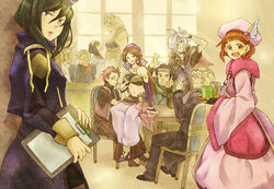  5girls 6+boys alakshmi animal_ears beret black_hair braid brown_hair commentary_request crusty_(log_horizon) glasses green_eyes hair_over_one_eye hat head_rest kingfrogs kitsunesaru kugel_schreiber log_horizon long_hair multiple_boys multiple_girls richou_(log_horizon) rieze_(log_horizon) sebas_tian_(log_horizon) short_hair takayama_misa white_hair yuta_(log_horizon) yuzuko_(log_horizon) 