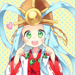  :d amaterasu_(p&amp;d) blue_hair commentary_request female finger_to_cheek green_eyes heart japanese_clothes kaki_s long_hair magatama miko open_mouth photoshop_(medium) puzzle_&amp;_dragons smile solo 