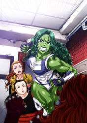  4girls angry animification black_eyes black_hair blurry boots brick_wall brown_hair character_request chiba_toshirou colored_skin comic_cover commentary_request cover_image depth_of_field fingerless_gloves gloves green_eyes green_hair green_skin jennifer_walters leotard marvel multiple_girls muscular muscular_female official_art photoshop_(medium) ponytail she-hulk spiked_knuckles 