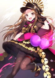  akariko blush bow brown_eyes brown_hair chacha_(fate) commentary_request fate/grand_order fate_(series) female gloves hat highres kikumon kirimon_(paulownia) long_hair looking_at_viewer mitsudomoe_(shape) open_mouth pantyhose smile solo tomoe_(symbol) 