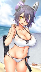  beach bikini blush bodyboard breasts checkered_necktie cleavage cloud commentary_request day deku_(dekunosu) eyepatch female headgear kantai_collection large_breasts looking_at_viewer navel necktie ocean oerba_yun_fang official_alternate_costume open_mouth plump purple_hair short_hair sky smile solo swimsuit tenryuu_(kancolle) tenryuu_(swimsuit_mode)_(kancolle) wet white_bikini yellow_eyes 